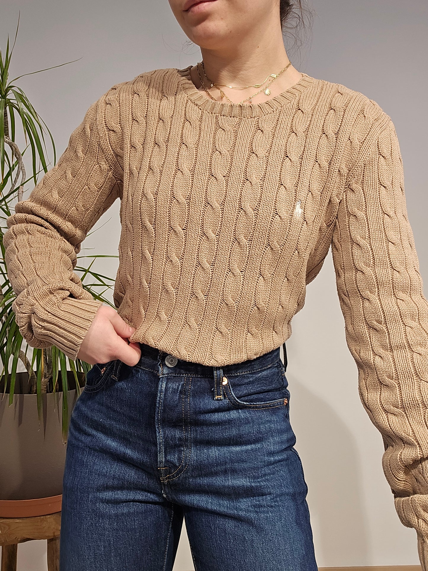 Pull col rond en maille torsadée beige - M/L