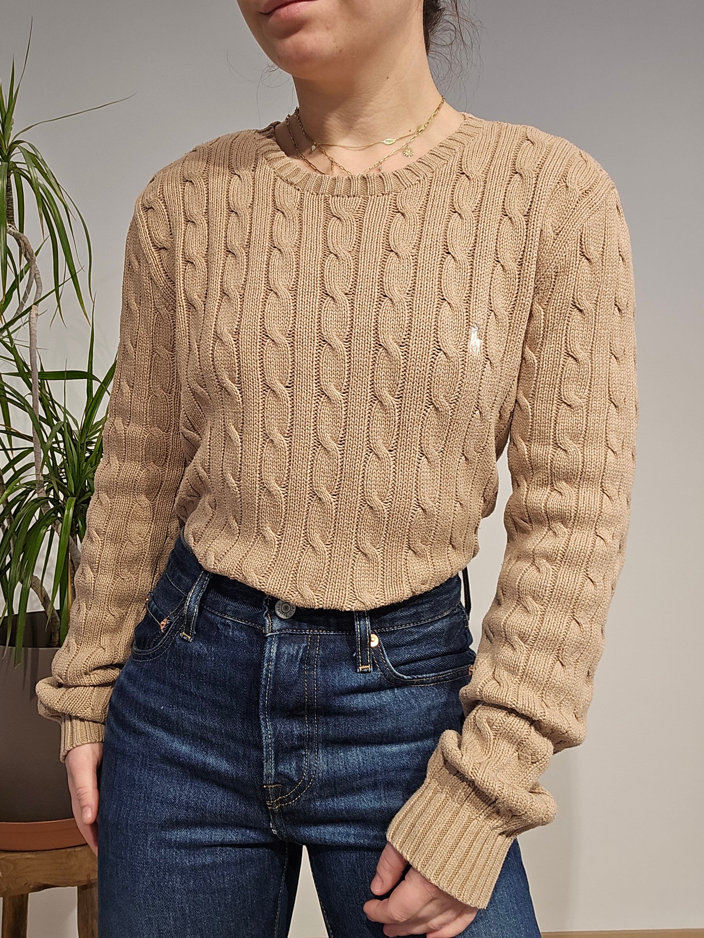 Pull col rond en maille torsadée beige - M/L