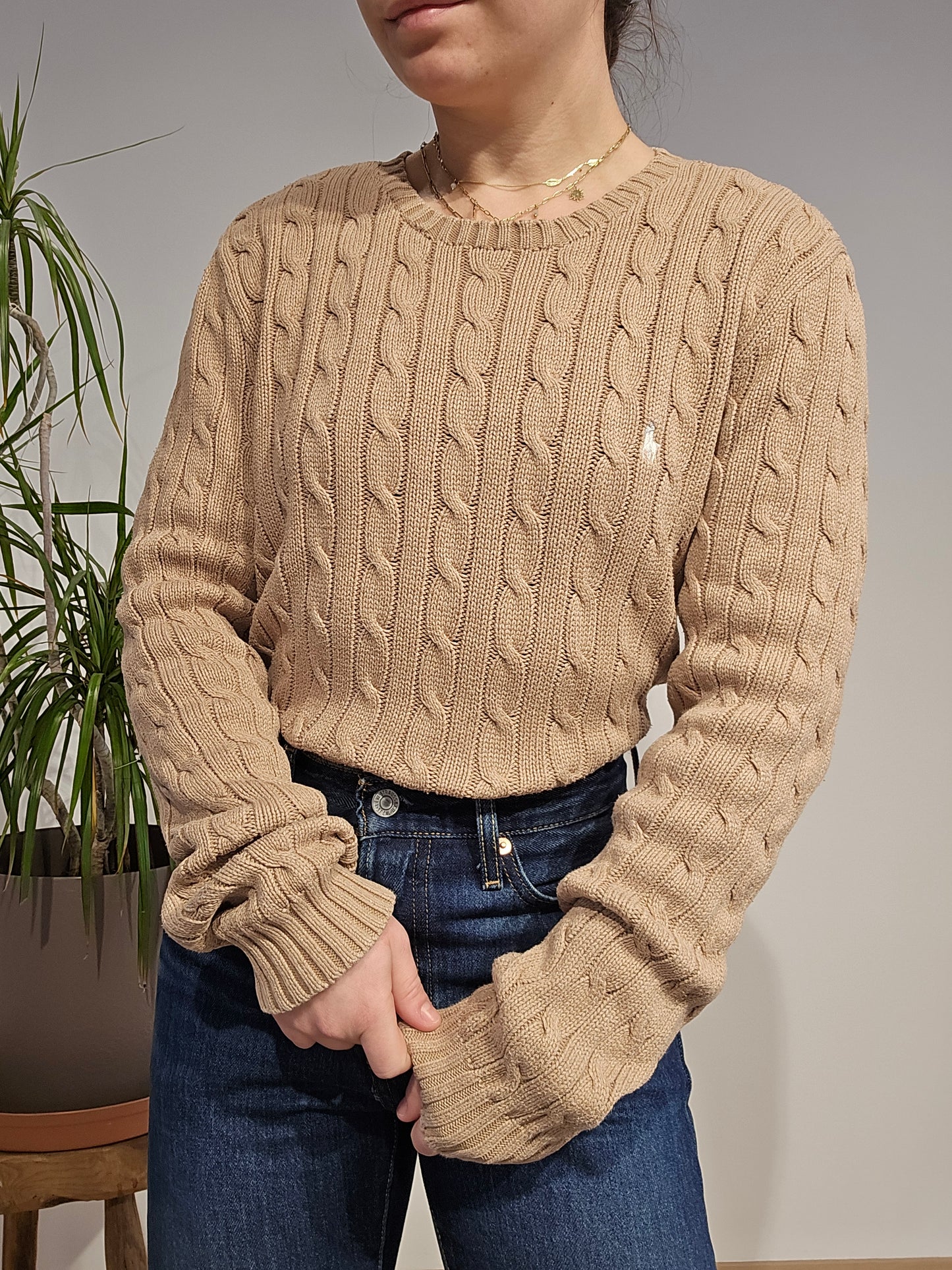 Pull col rond en maille torsadée beige - M/L