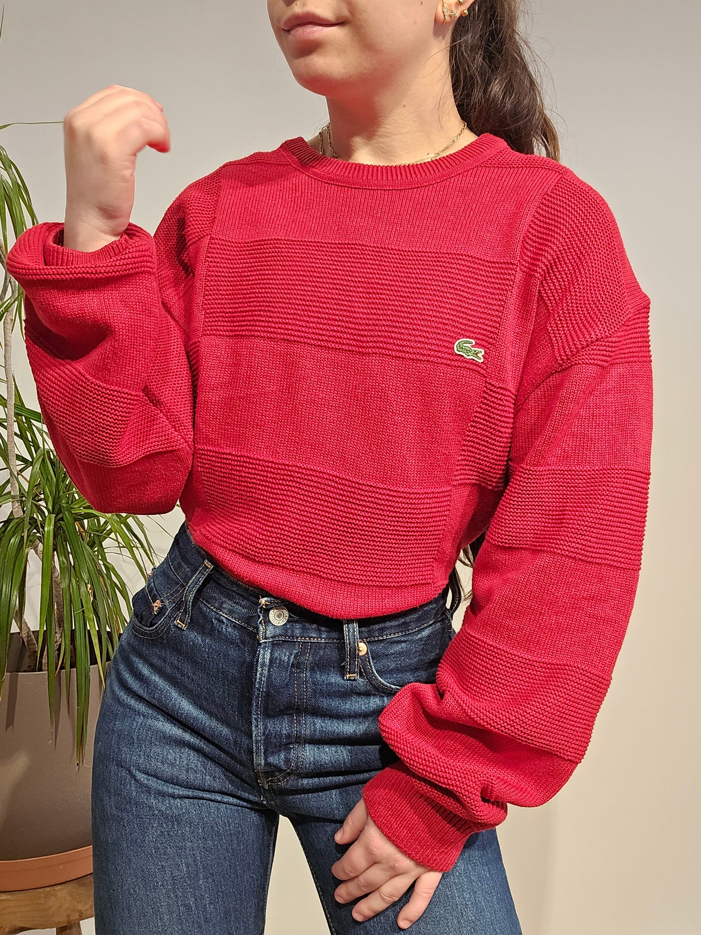 Pull col rond rouge des années 90' - XL