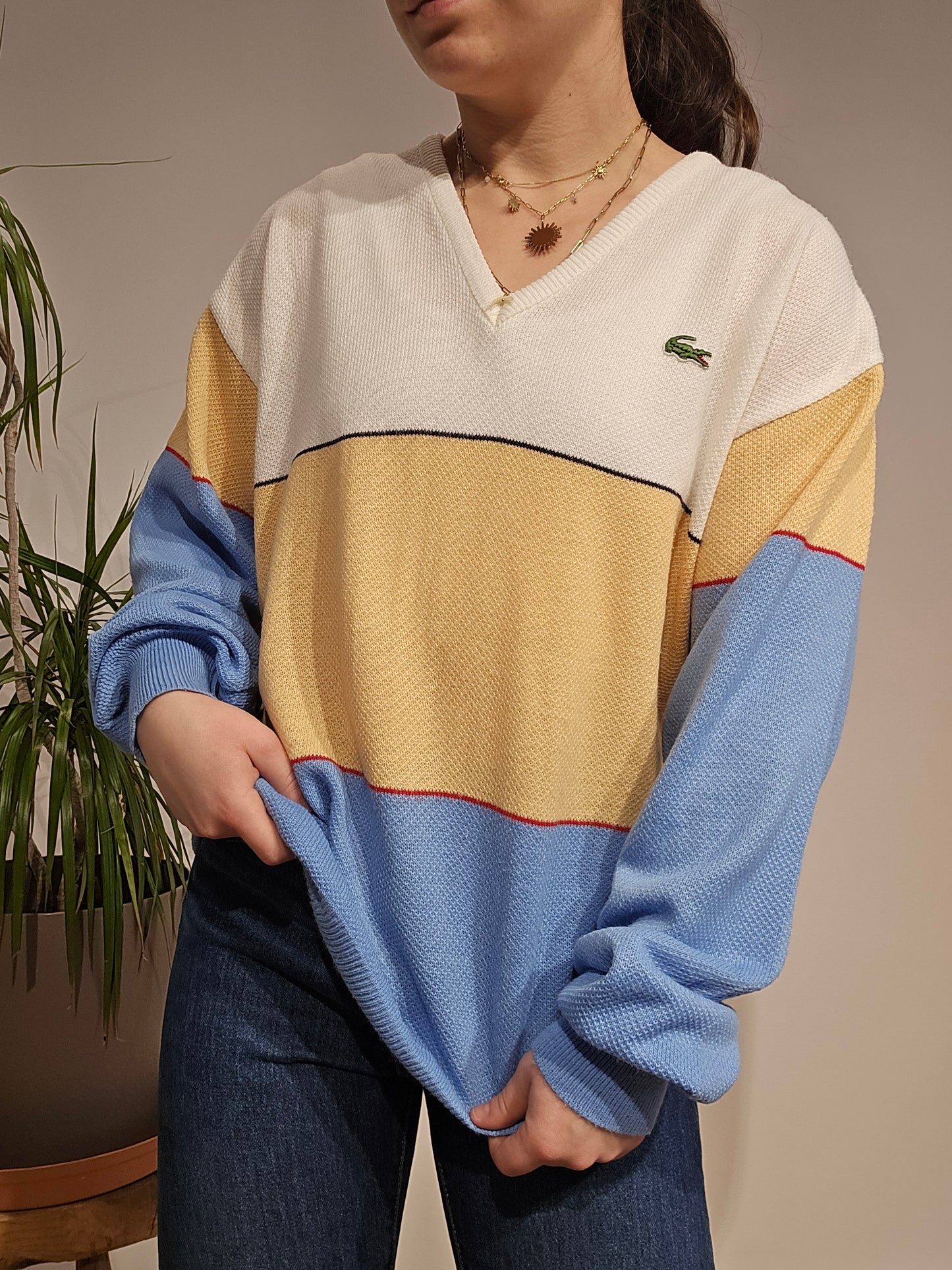 Pull col V léger tricolore des années 80' - L/XL