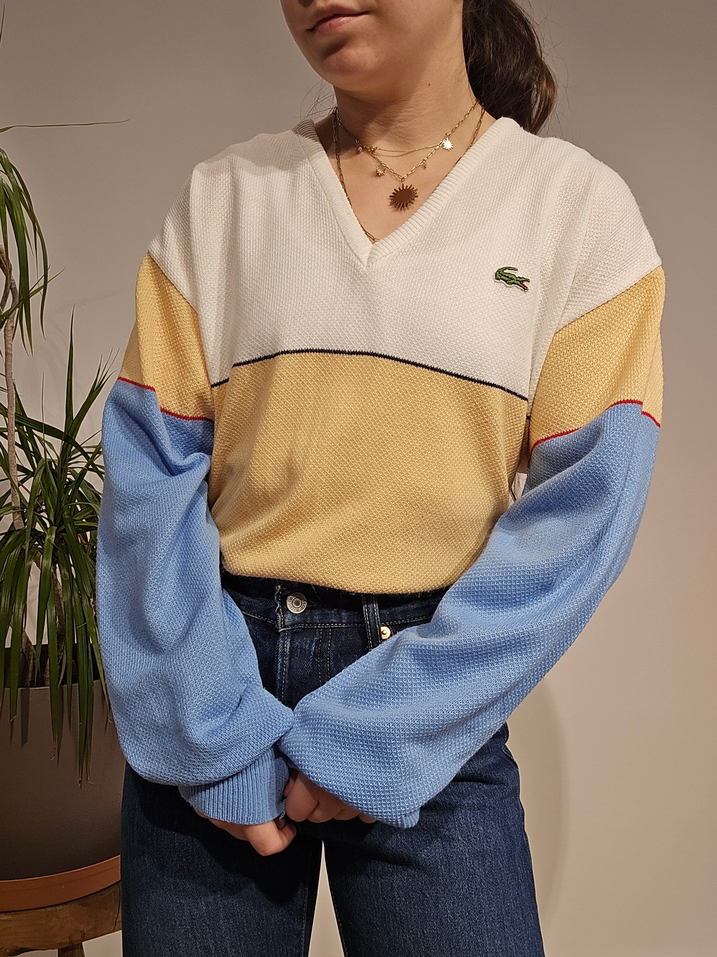 Pull col V léger tricolore des années 80' - L/XL