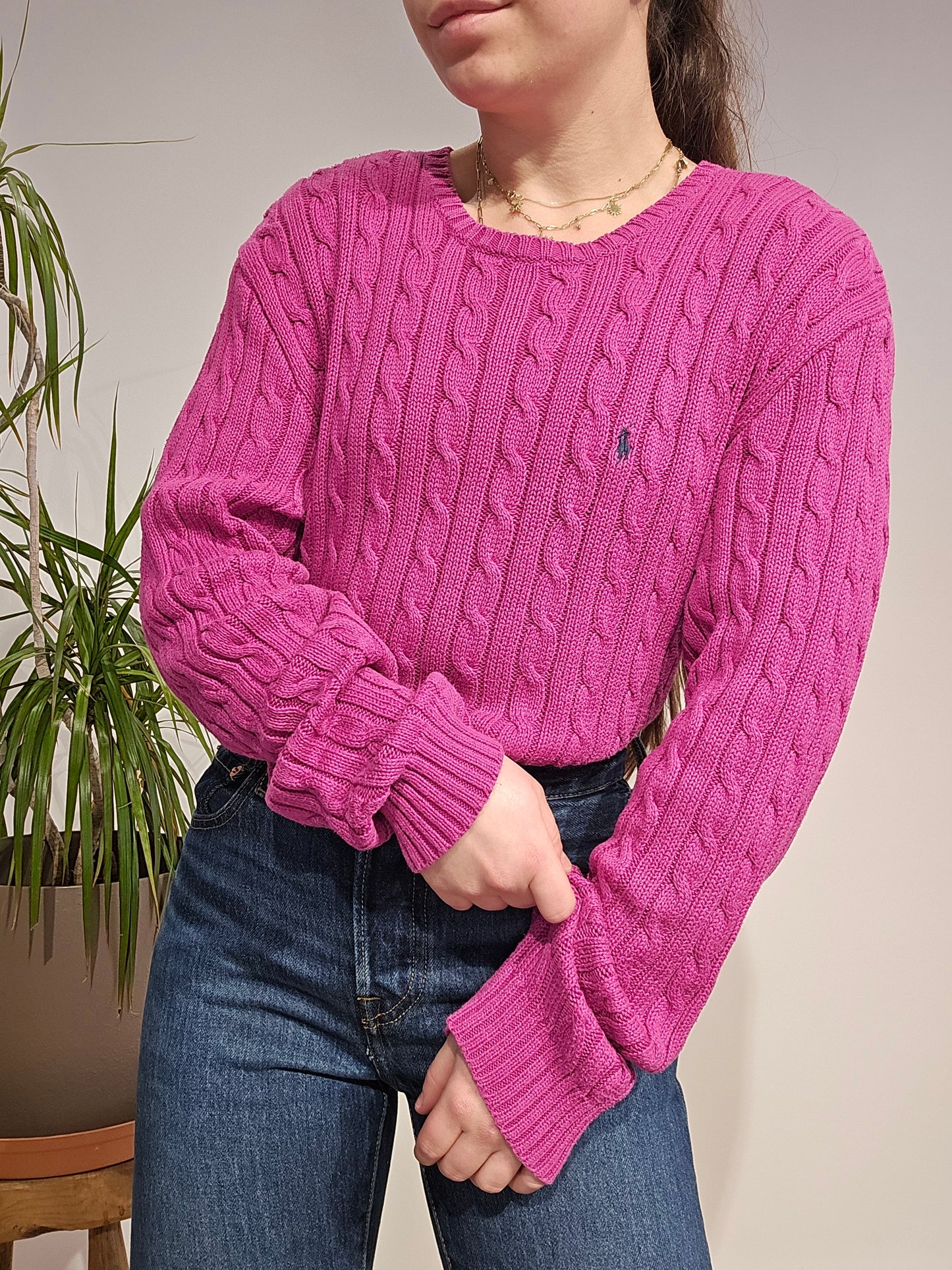 Pull col rond en maille torsadée rose - L/XL