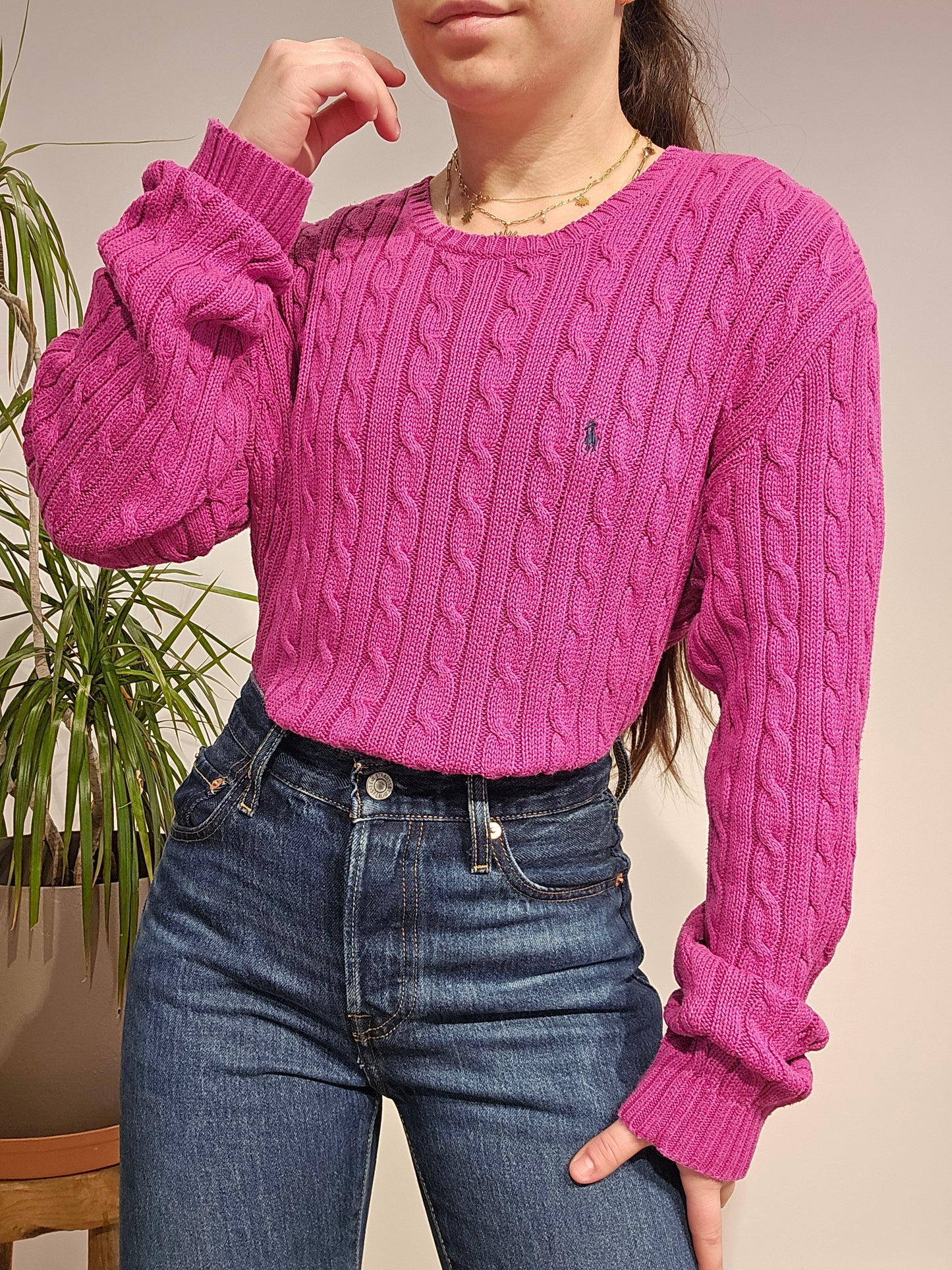 Pull col rond en maille torsadée rose - L/XL