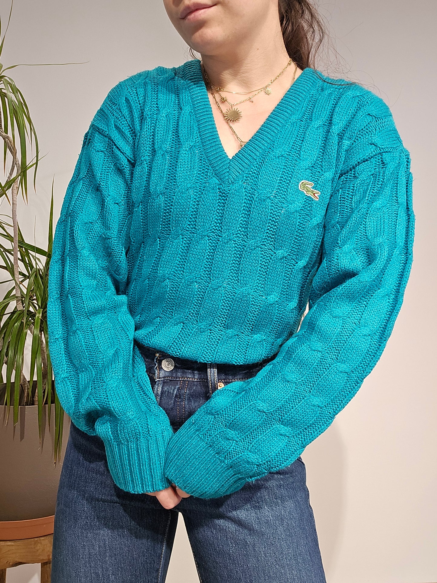 Pull col V en maille torsadée turquoise des aqnnées 80' - S