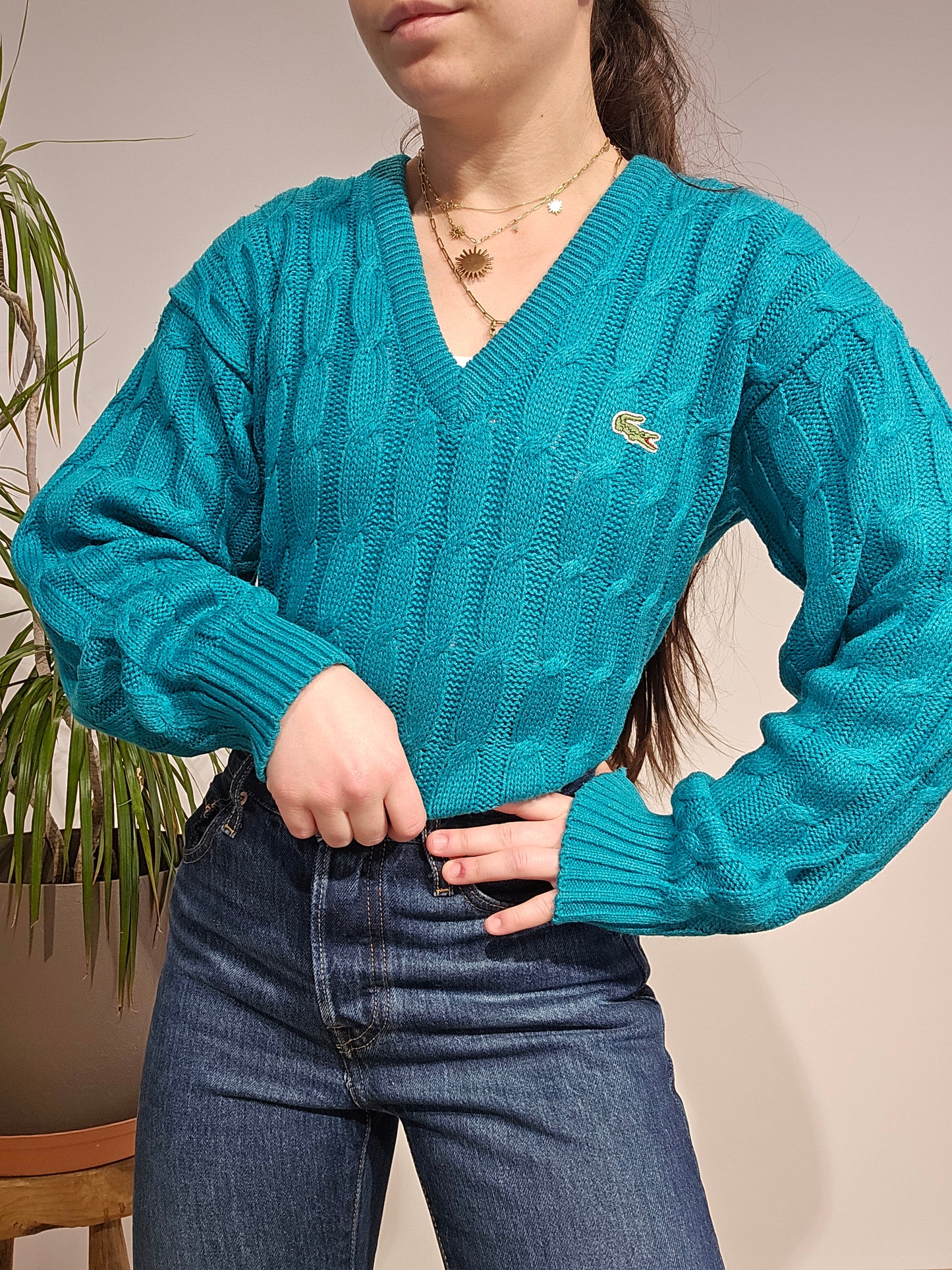Pull col V en maille torsadée turquoise des aqnnées 80' - S