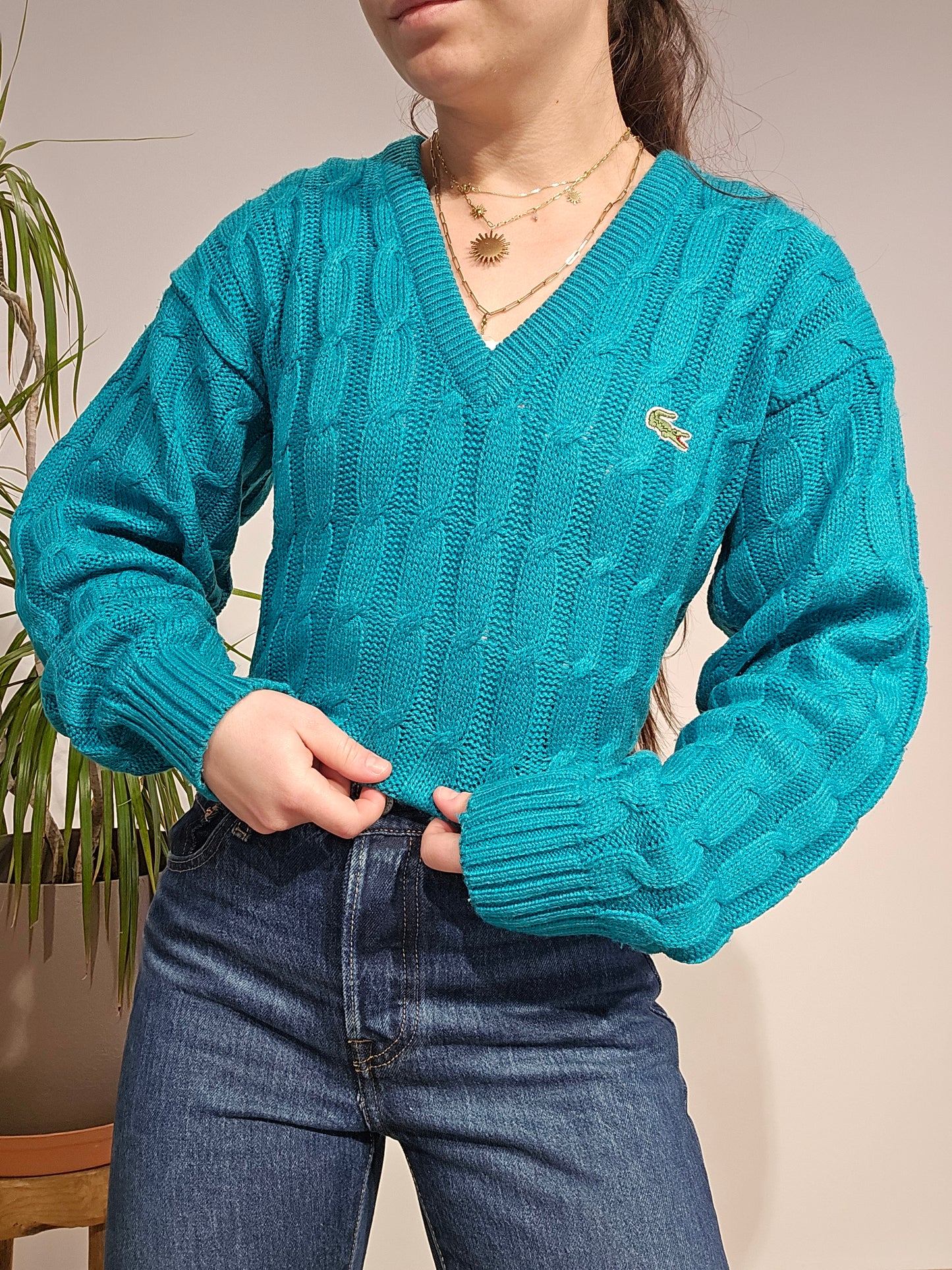 Pull col V en maille torsadée turquoise des aqnnées 80' - S