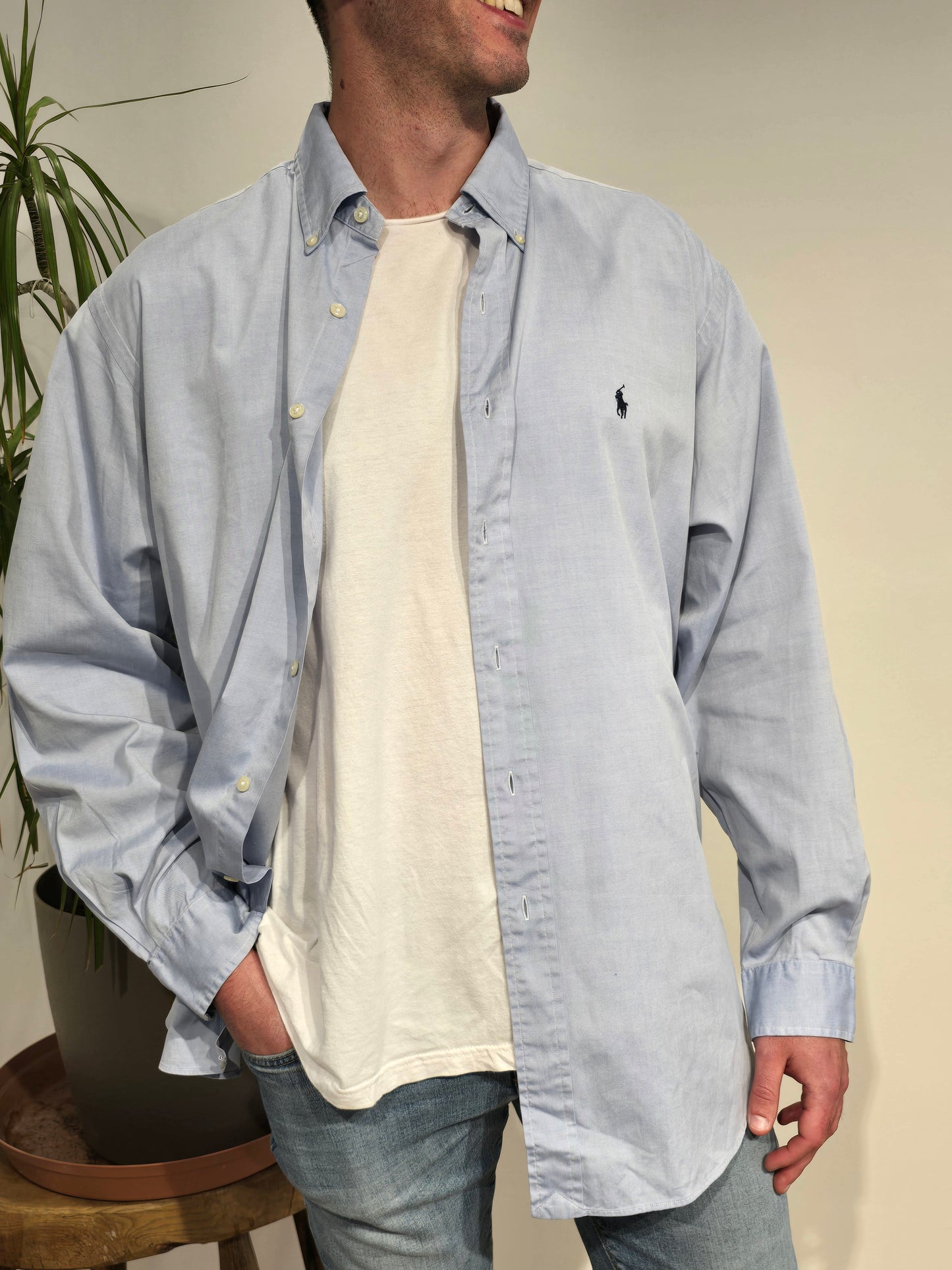 Chemise en coton unie bleu - XL