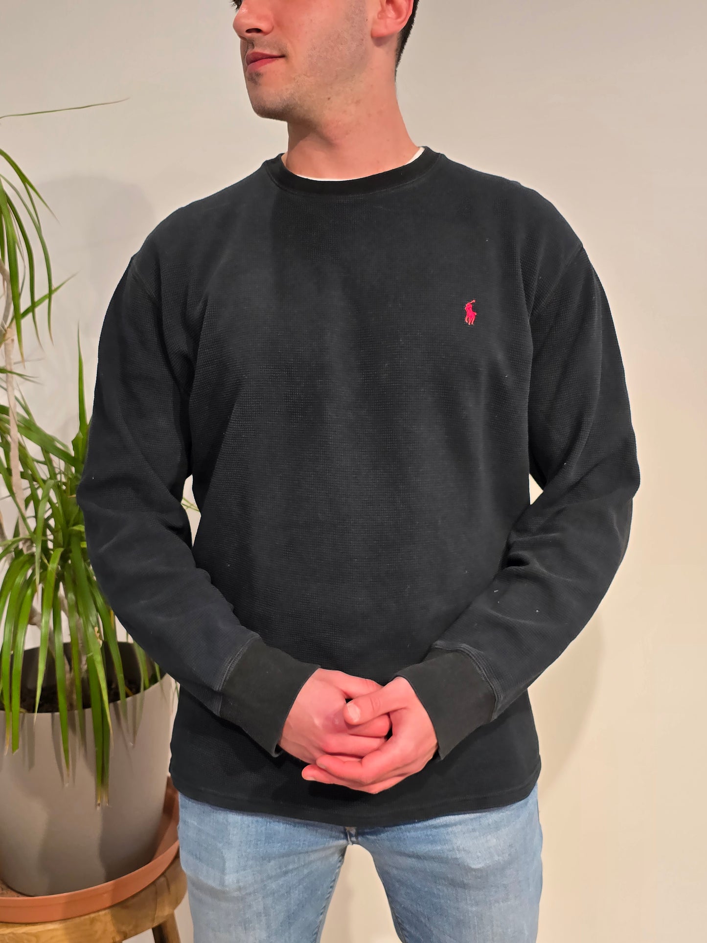 Pull col rond en maille piquée noir - XL
