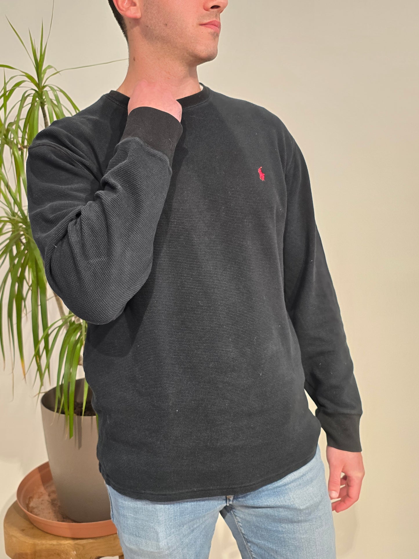 Pull col rond en maille piquée noir - XL