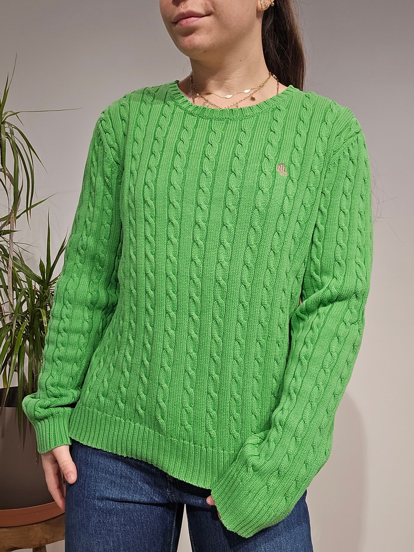 Pull col rond en maille torsadée vert - L