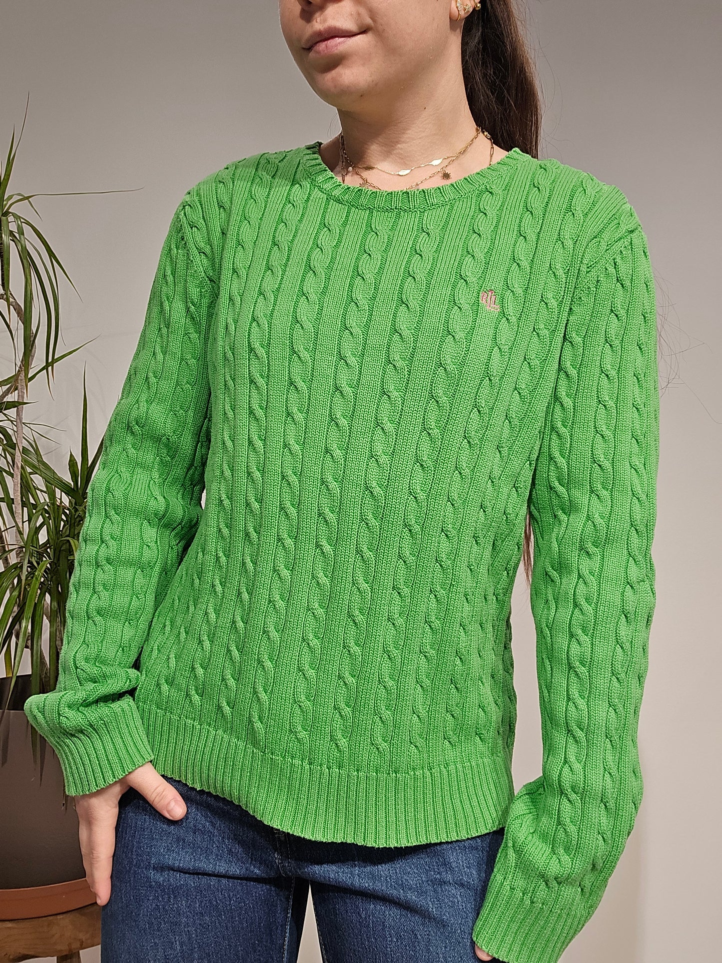 Pull col rond en maille torsadée vert - L