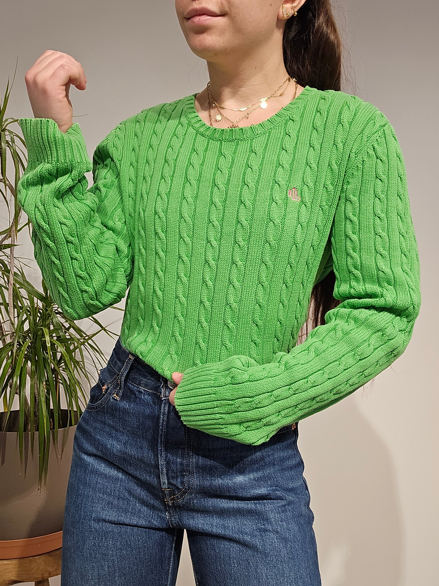 Pull col rond en maille torsadée vert - L