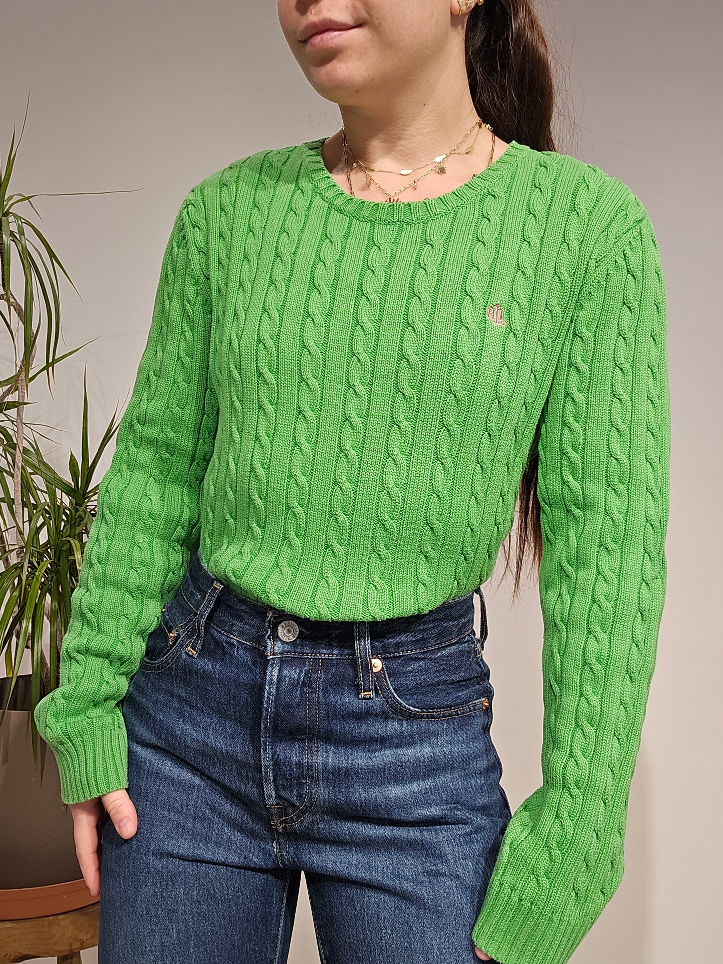 Pull col rond en maille torsadée vert - L