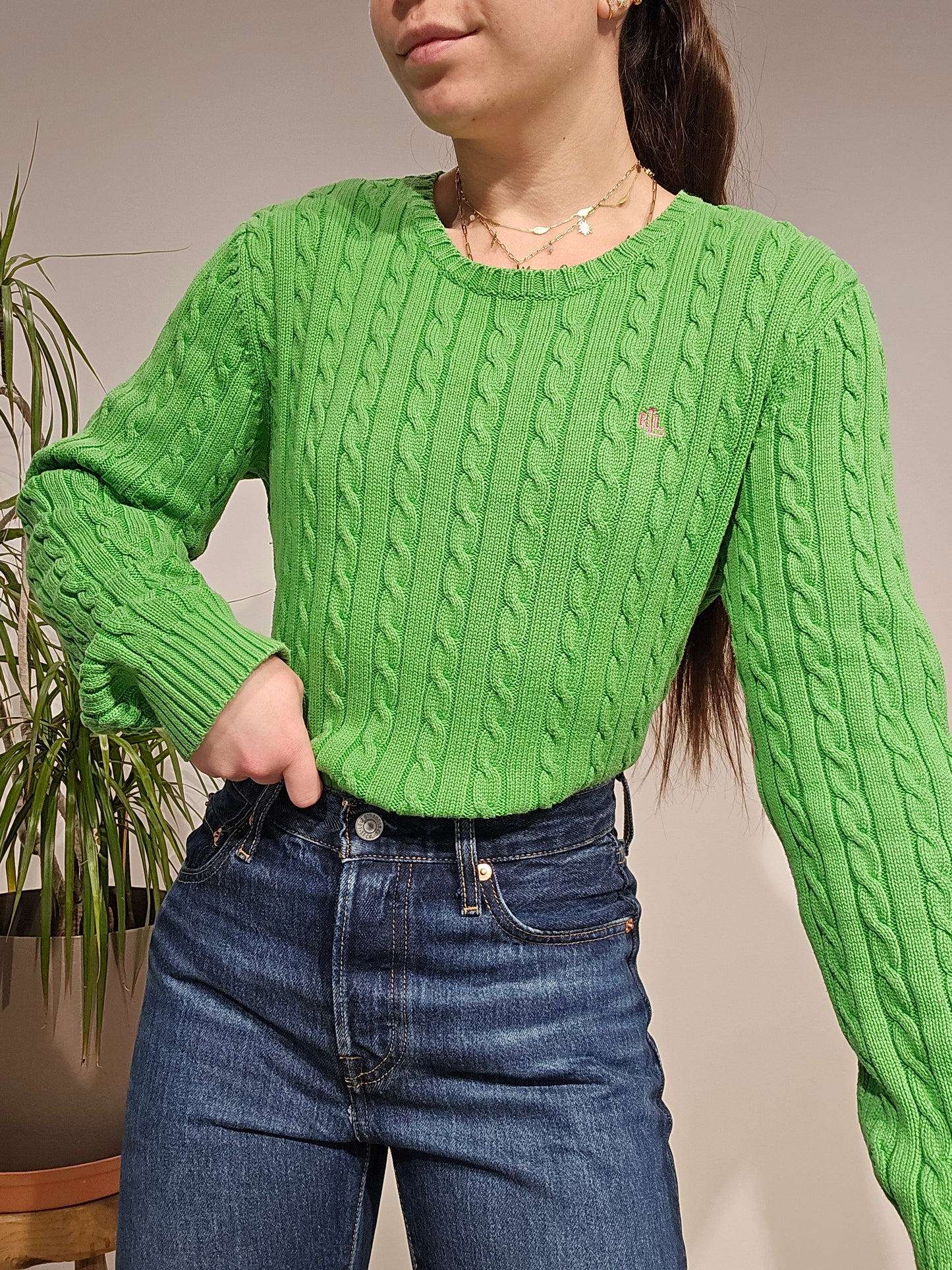 Pull col rond en maille torsadée vert - L