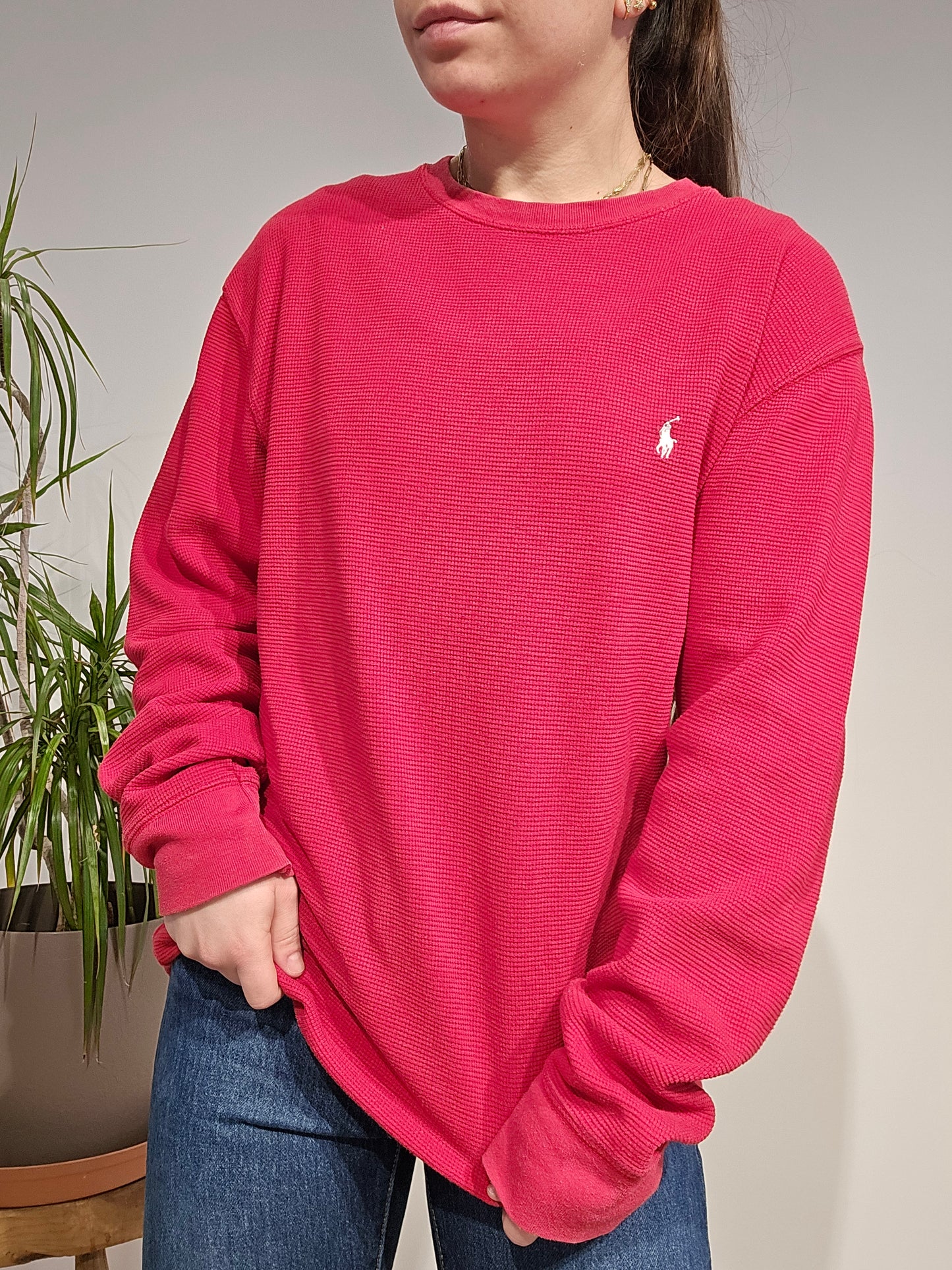 Pull léger en maille piquée rouge - L