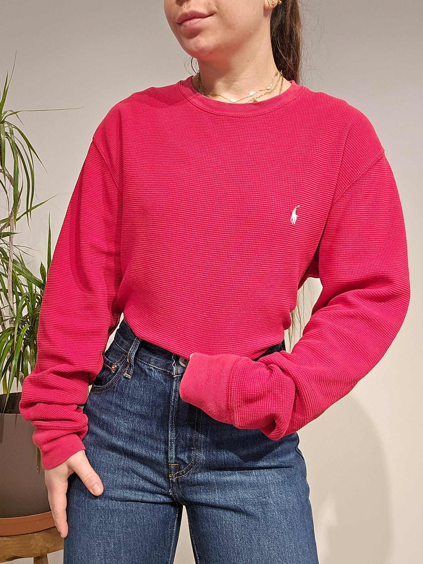 Pull léger en maille piquée rouge - L