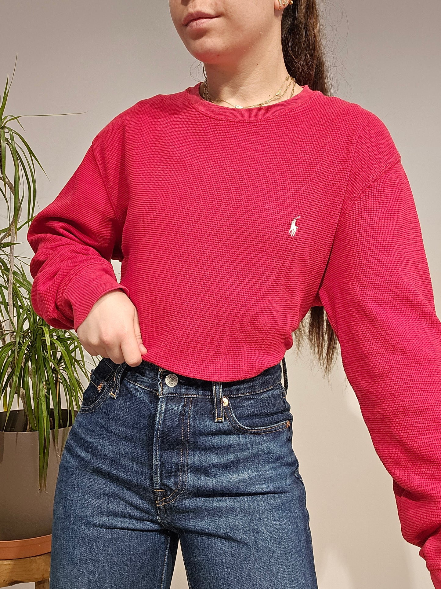 Pull léger en maille piquée rouge - L