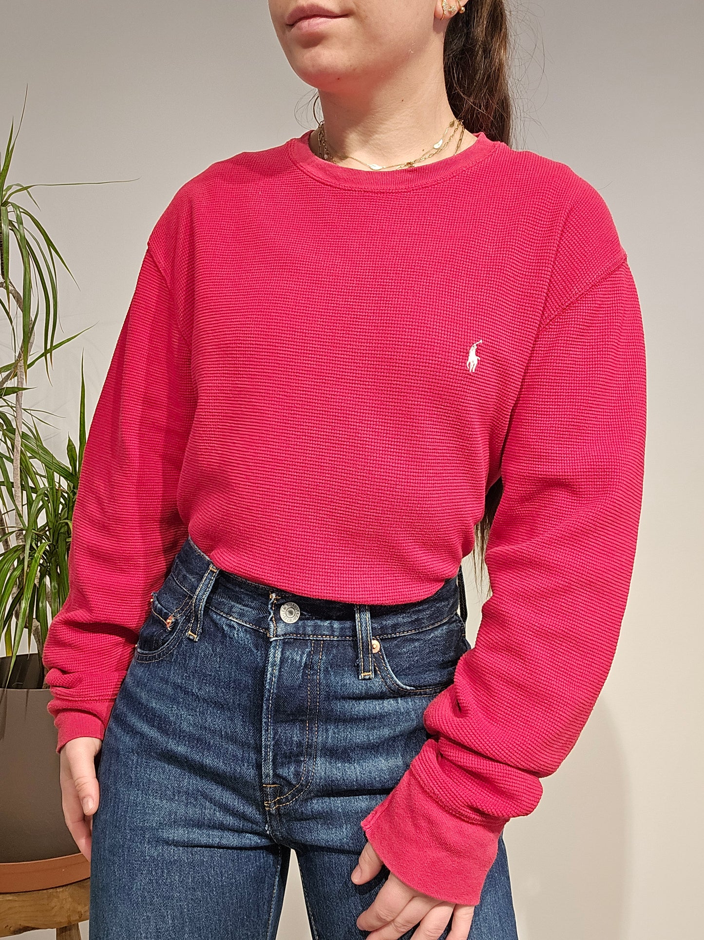 Pull léger en maille piquée rouge - L