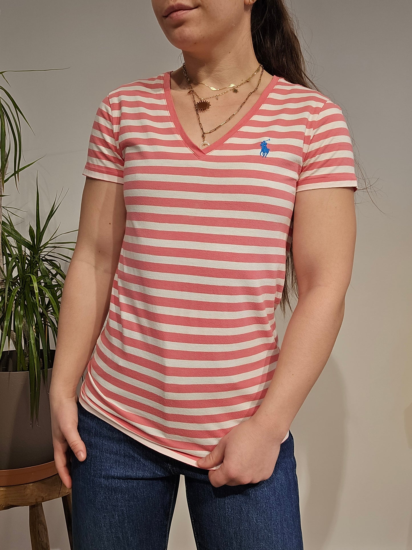 Tee-shirt en coton rose à rayures - S