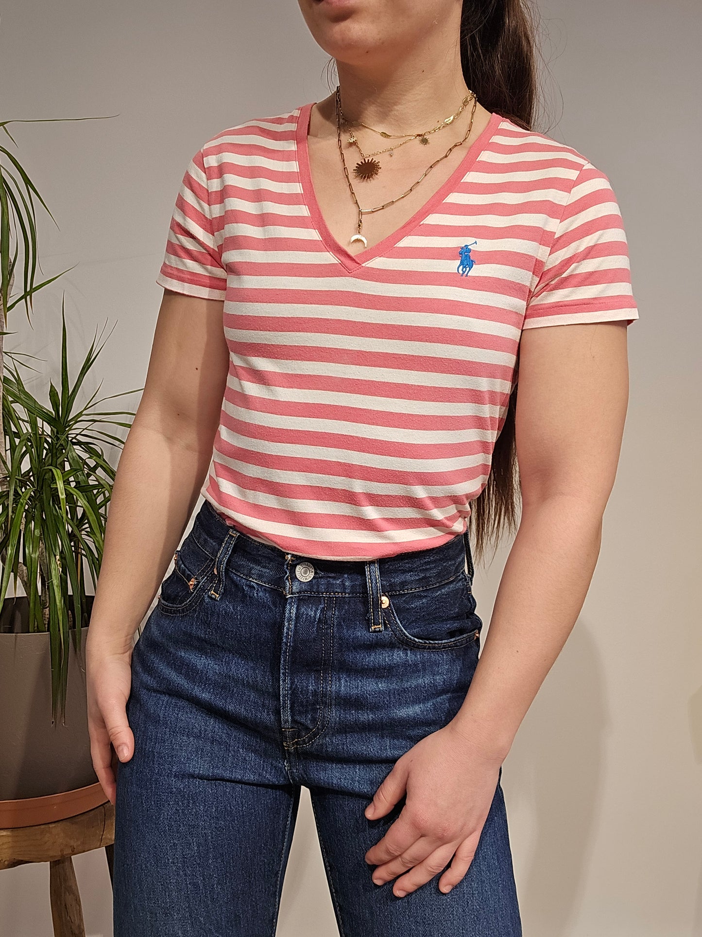 Tee-shirt en coton rose à rayures - S