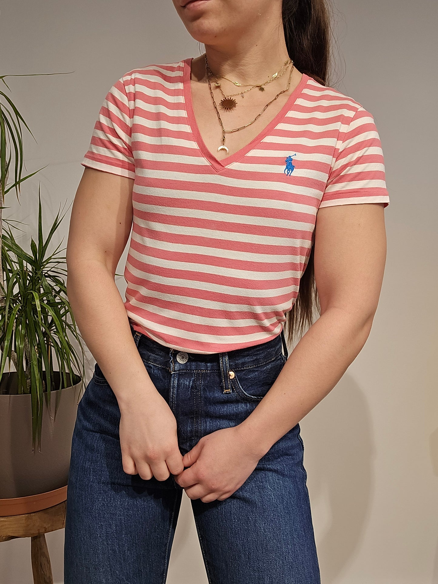 Tee-shirt en coton rose à rayures - S