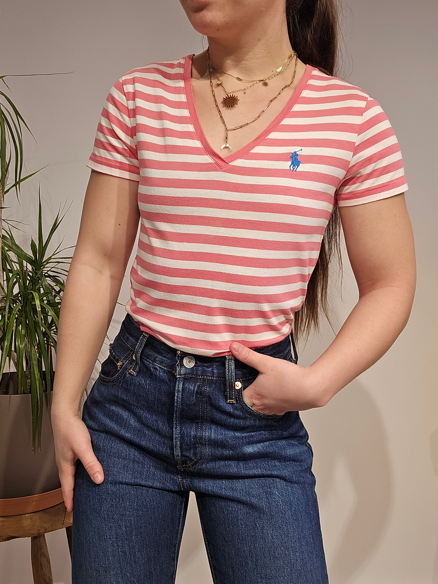 Tee-shirt en coton rose à rayures - S