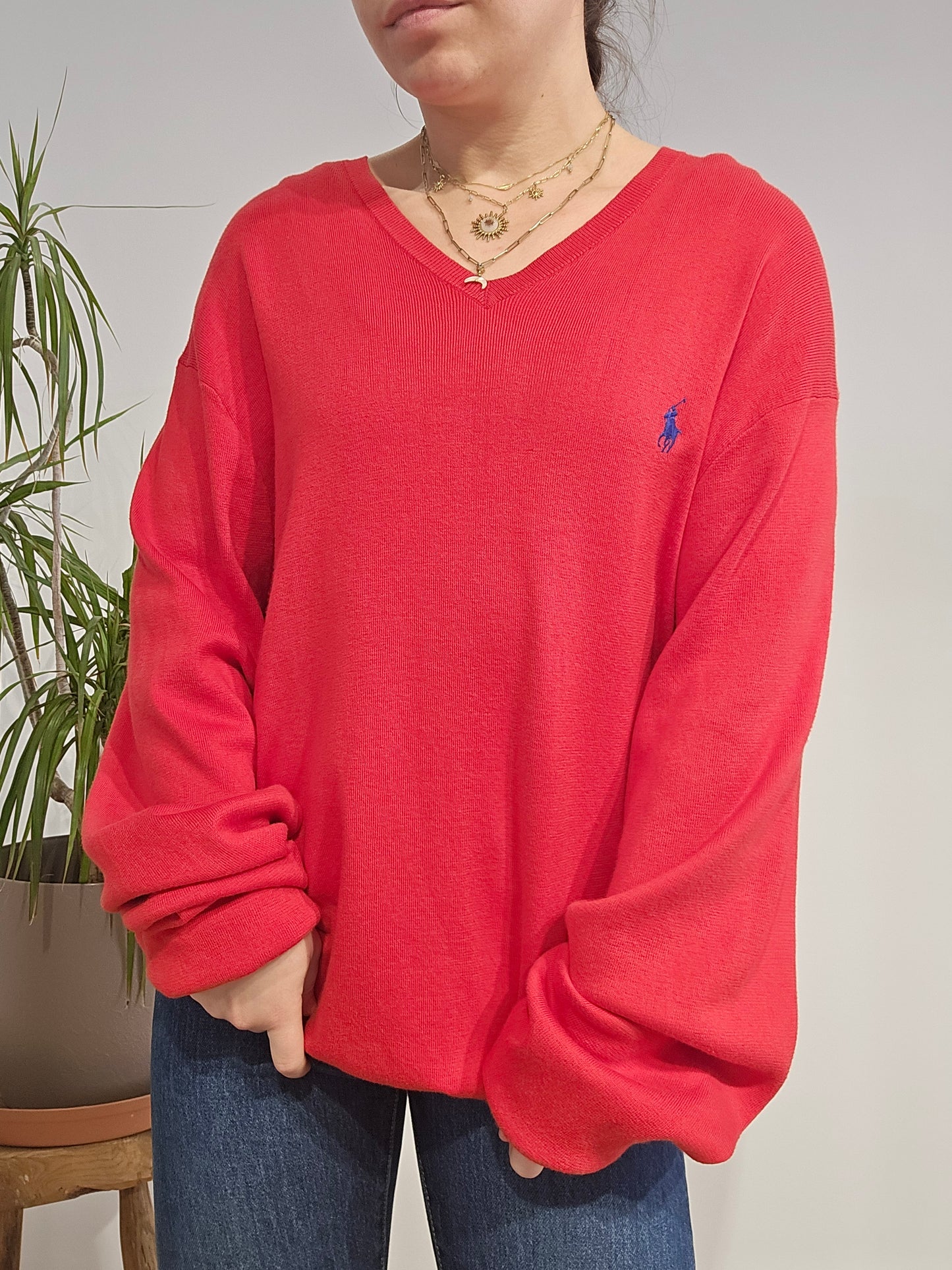 Pull col V en coton rouge - XL