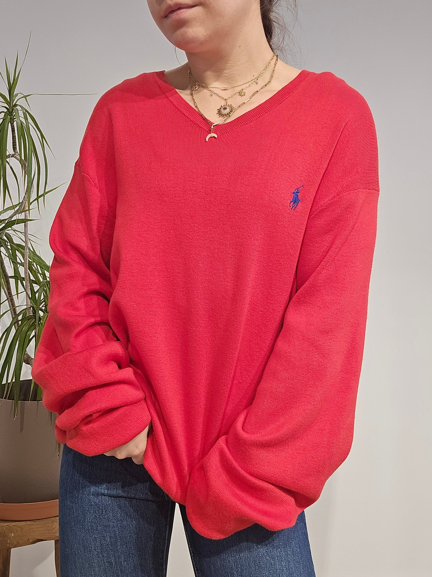 Pull col V en coton rouge - XL