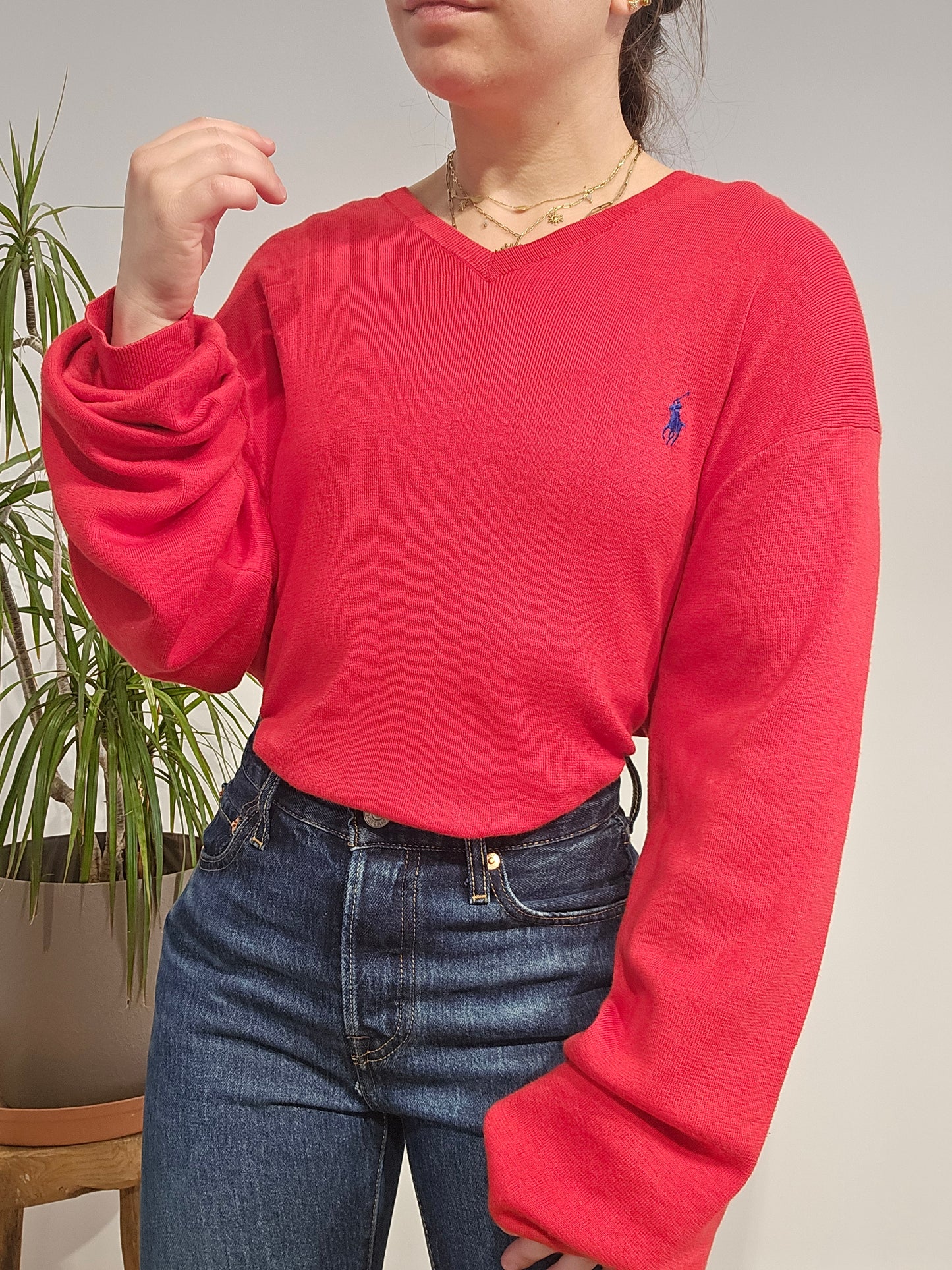Pull col V en coton rouge - XL