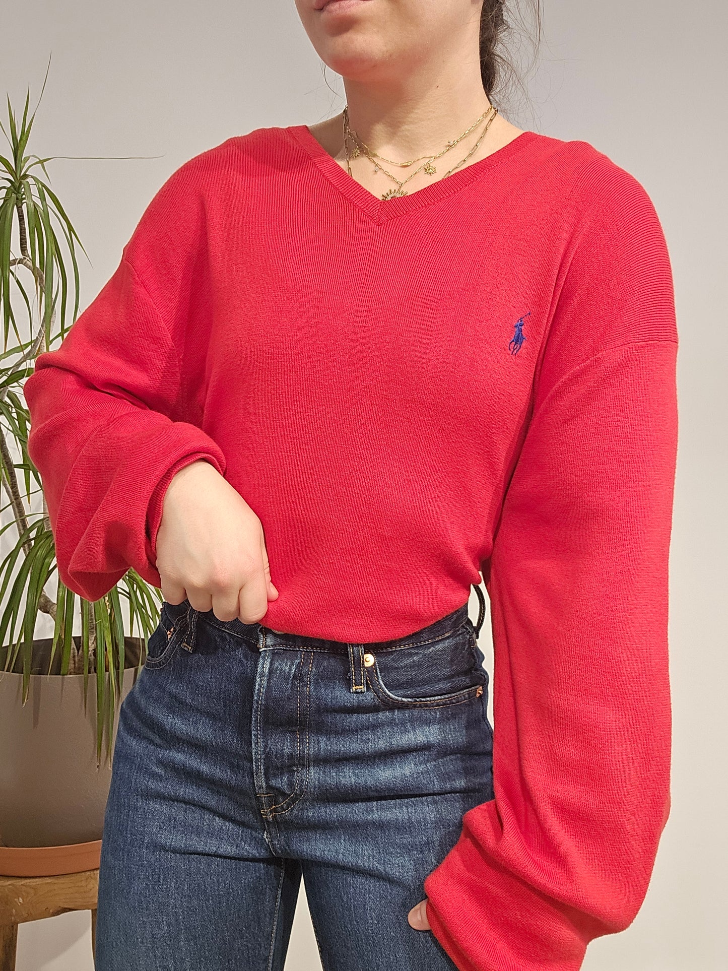 Pull col V en coton rouge - XL