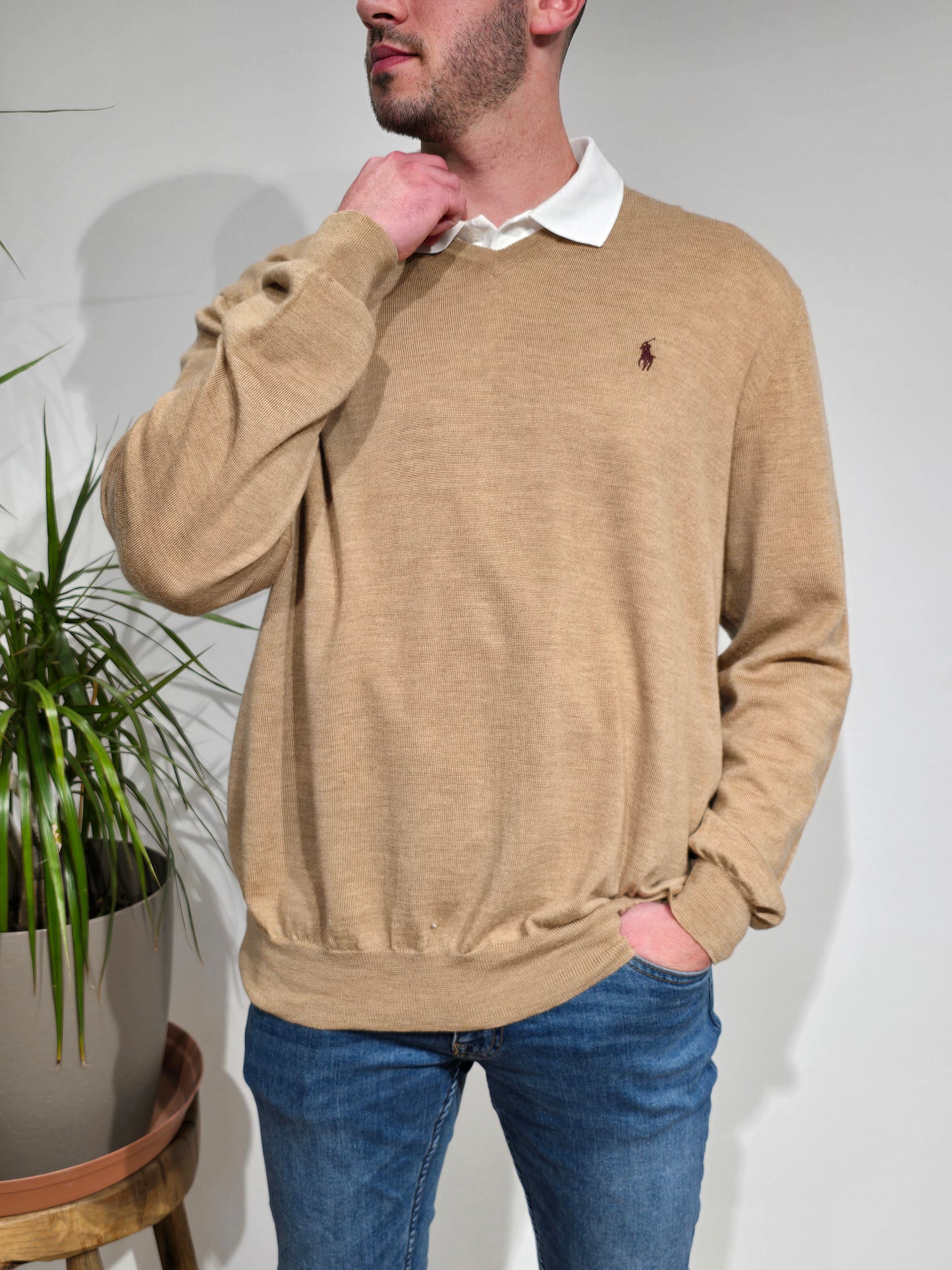 Pull léger col V marron - XXL