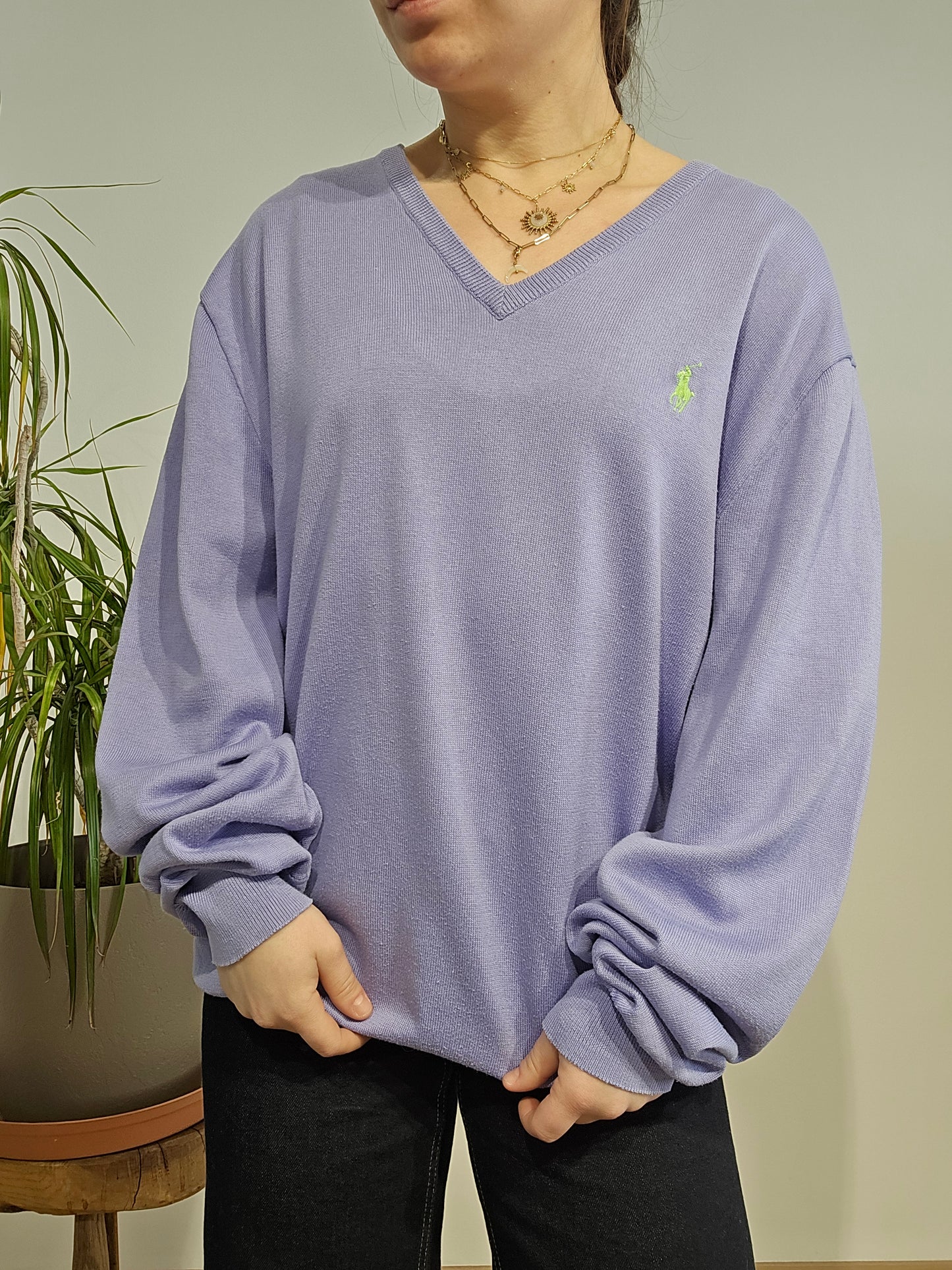 Pull léger col V violet - L