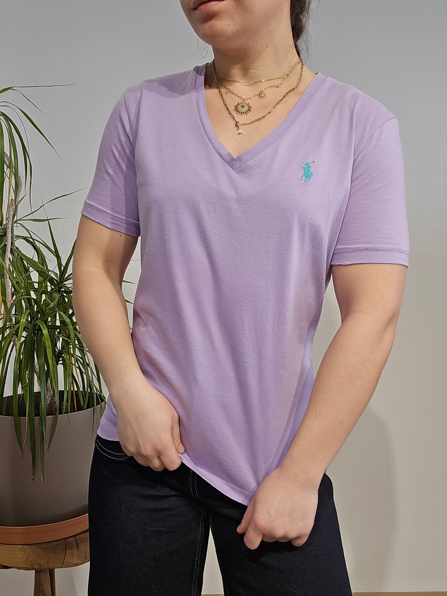 Tee-shirt col V en coton violet - S
