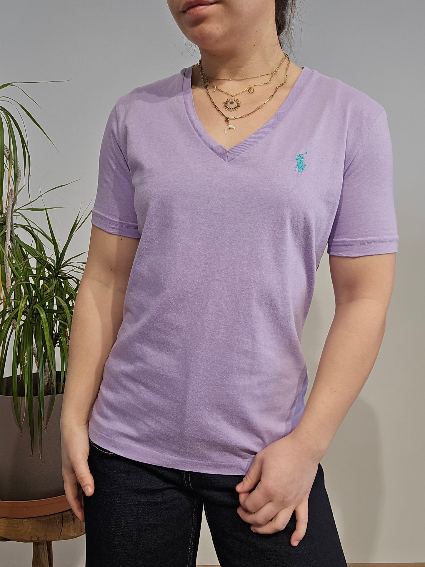 Tee-shirt col V en coton violet - S