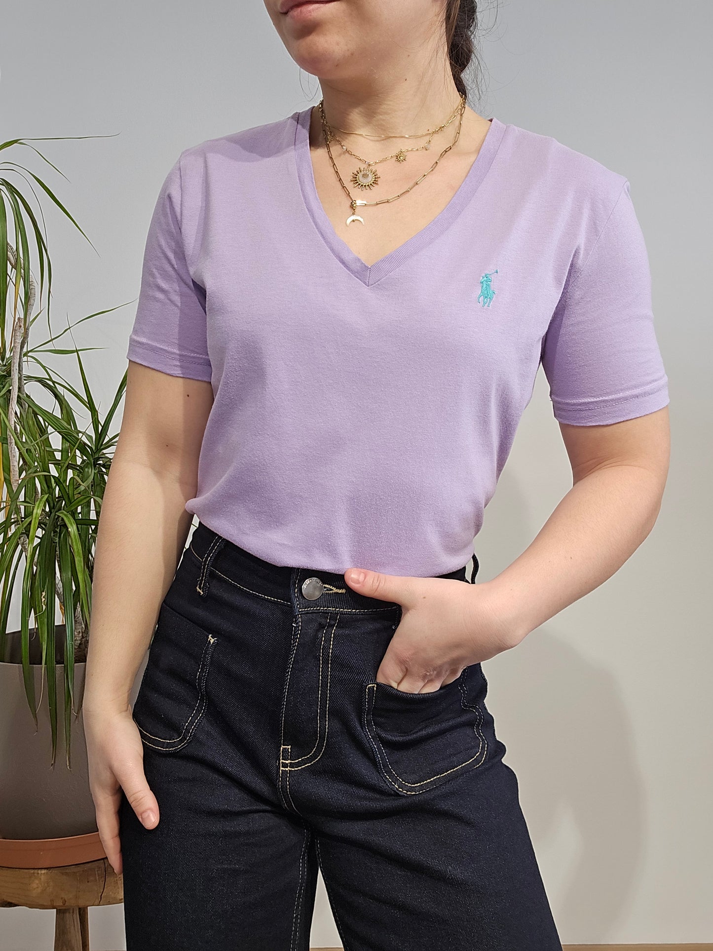 Tee-shirt col V en coton violet - S
