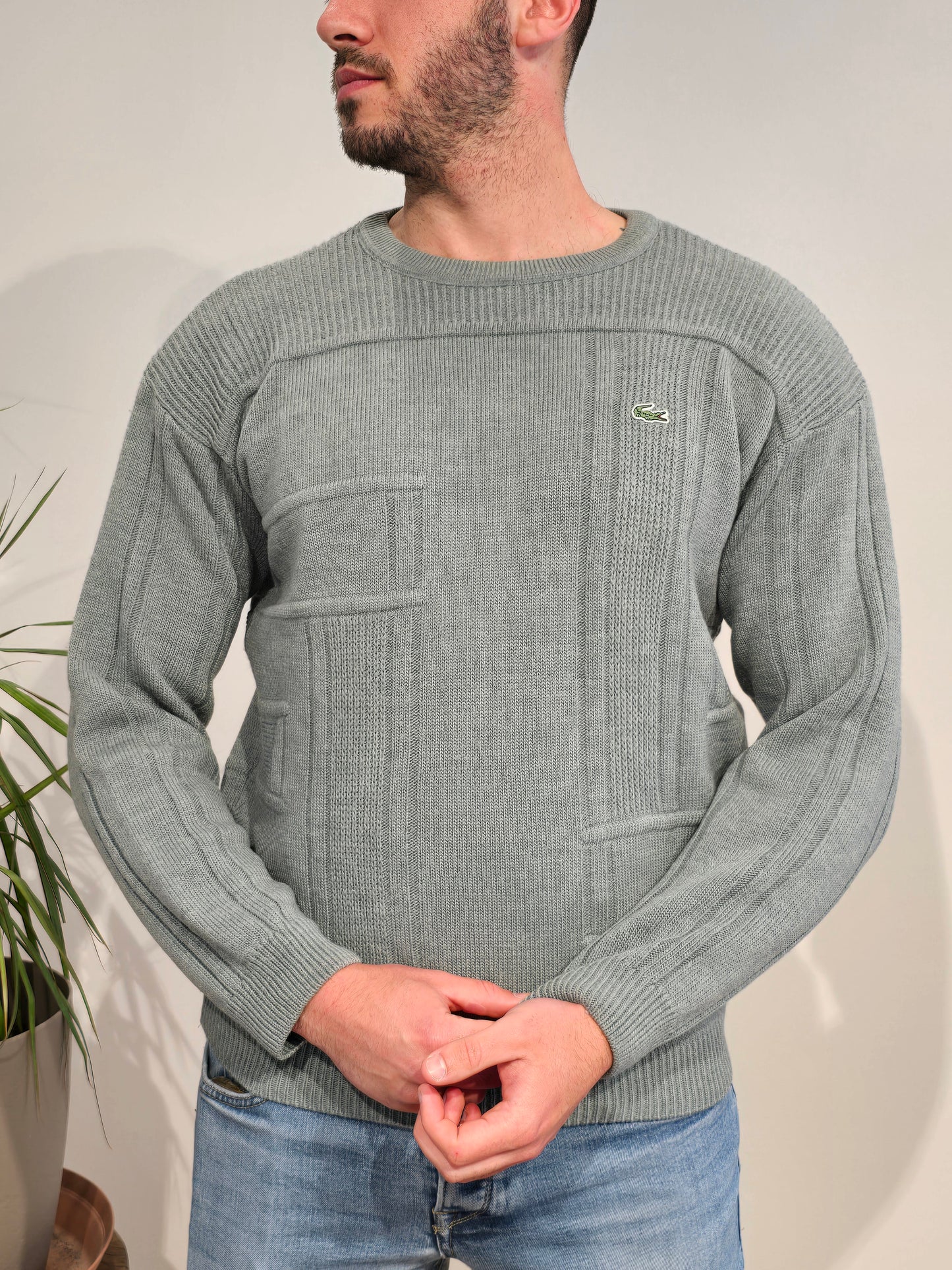 Pull col rond en maille gris vintage - M