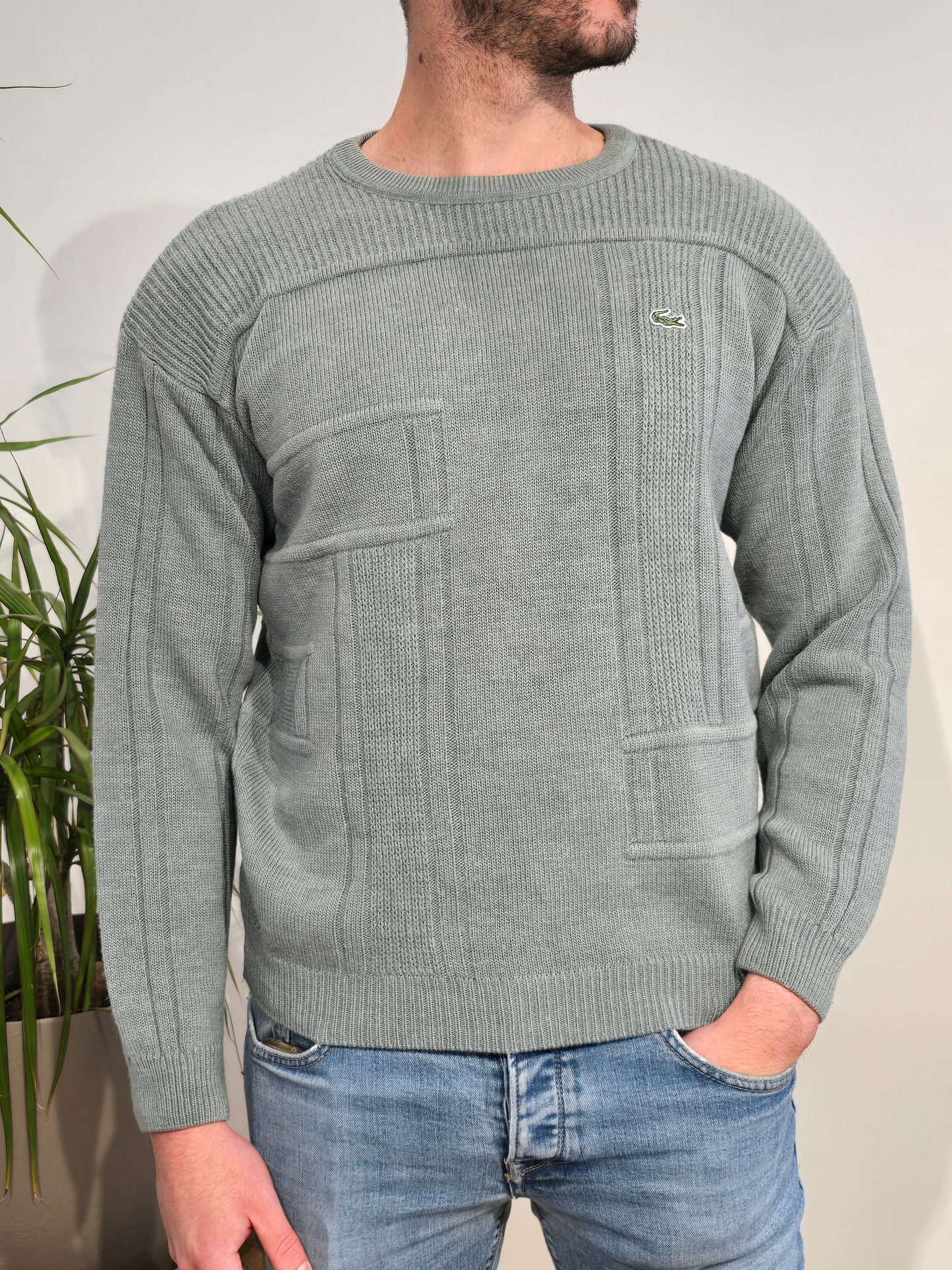 Pull col rond en maille gris vintage - M