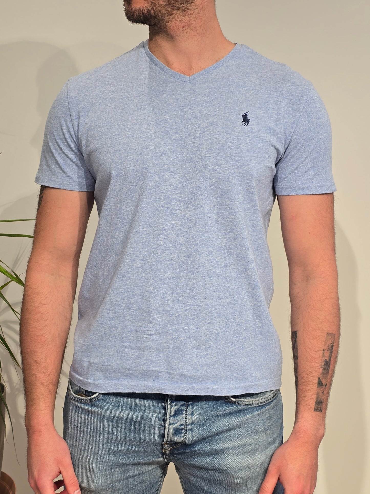 Tee-shirt col V en coton bleu - S