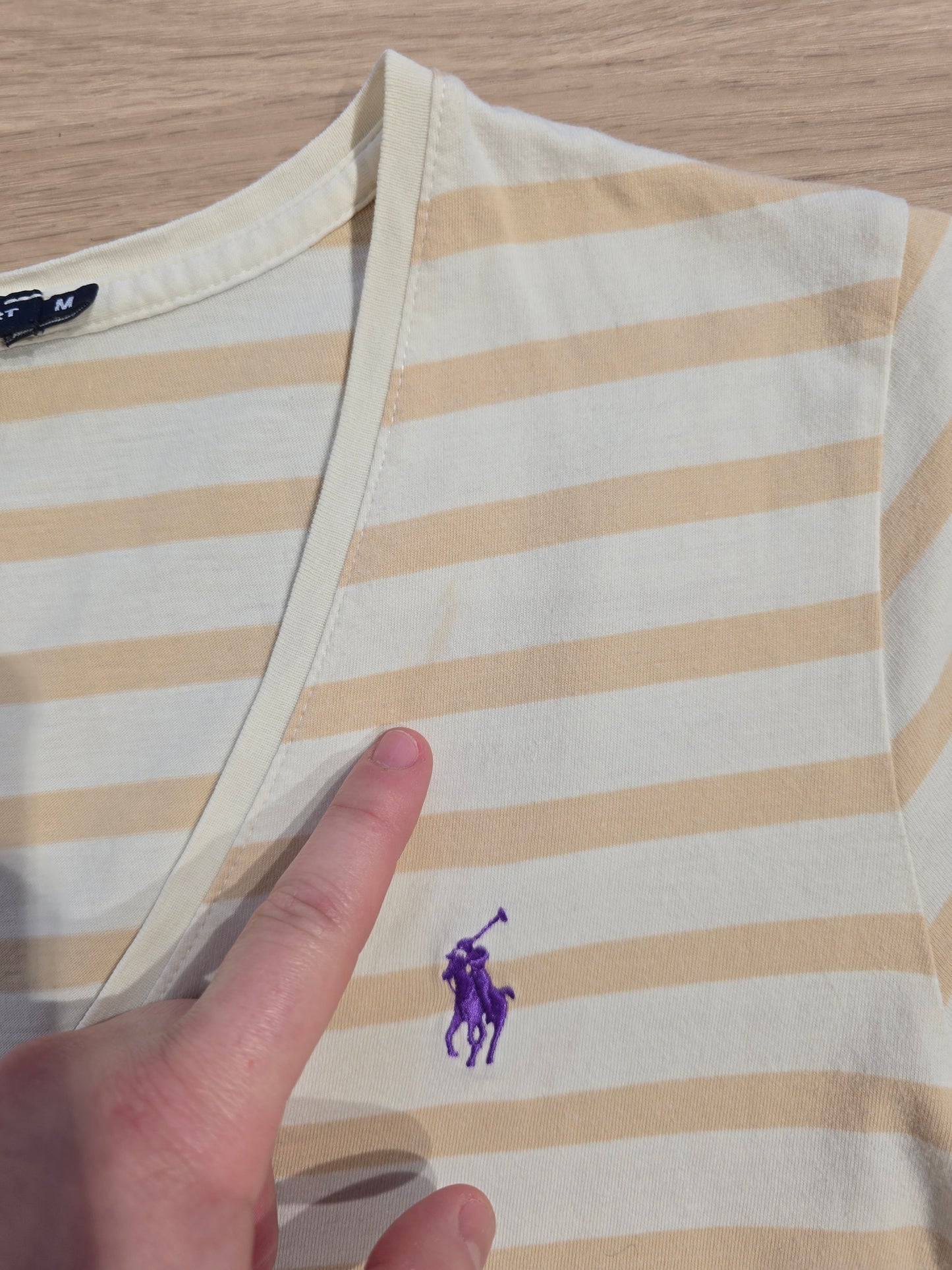 Tee-shirt col V en coton beige à rayures - S/M
