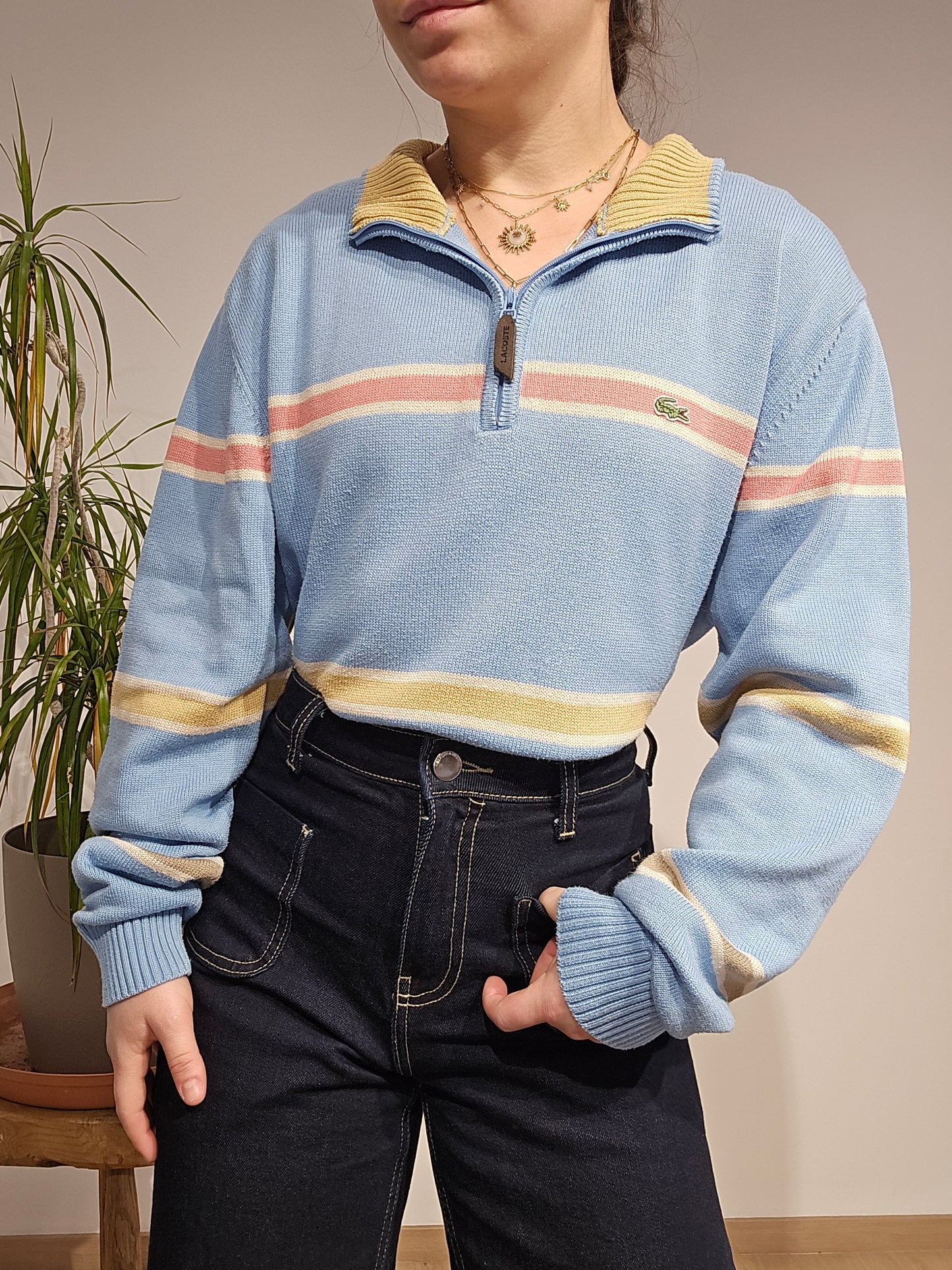 Pull camionneur en coton bleu ciel à rayures - L