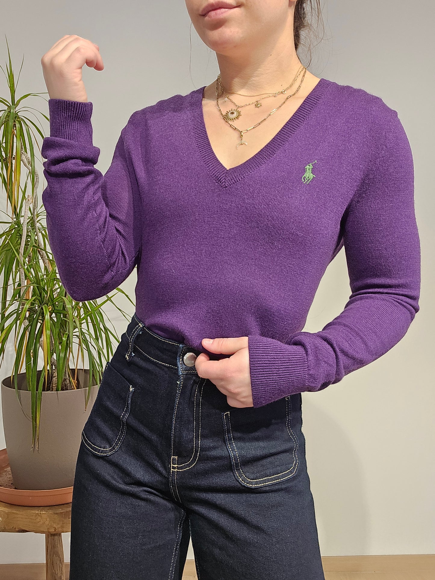 Pull léger col V violet - S