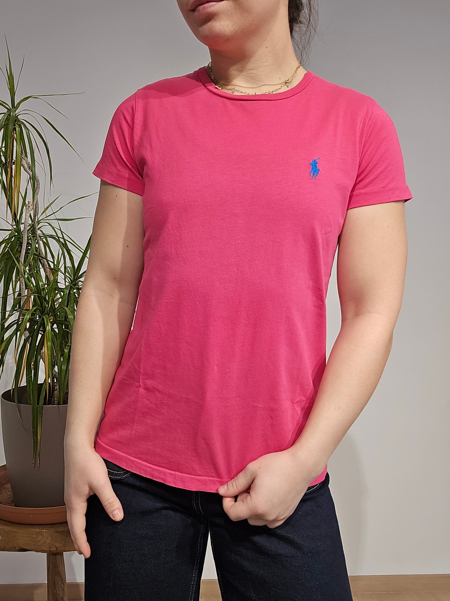 Tee-shirt col rond en coton rose - S