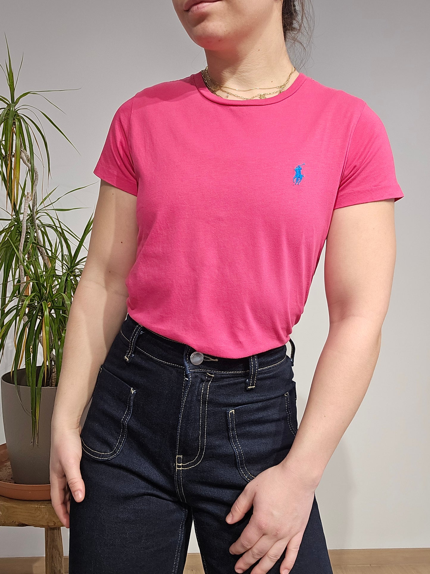 Tee-shirt col rond en coton rose - S