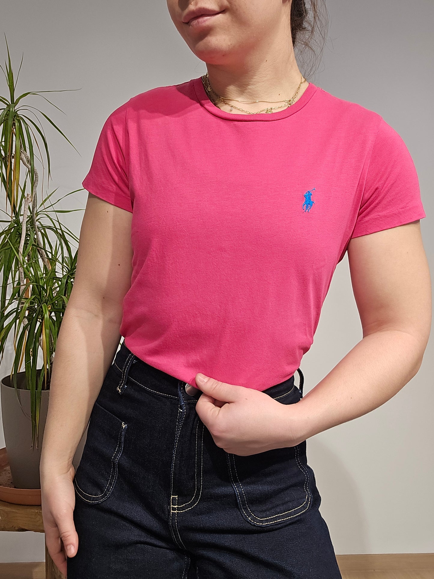 Tee-shirt col rond en coton rose - S