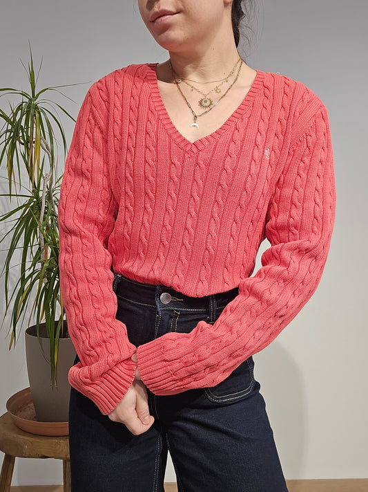 Pull col V en maille torsadée corail - L