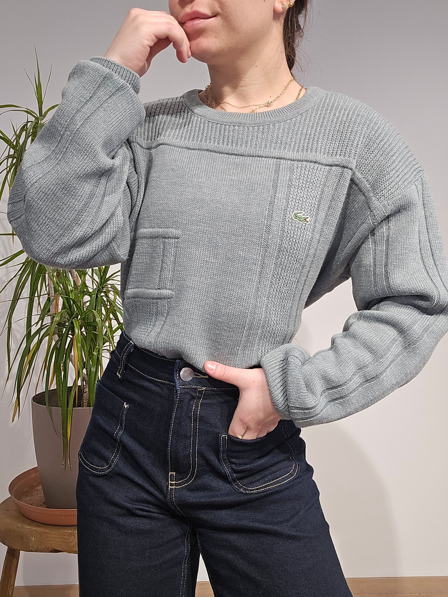 Pull col rond en maille gris vintage - M/L