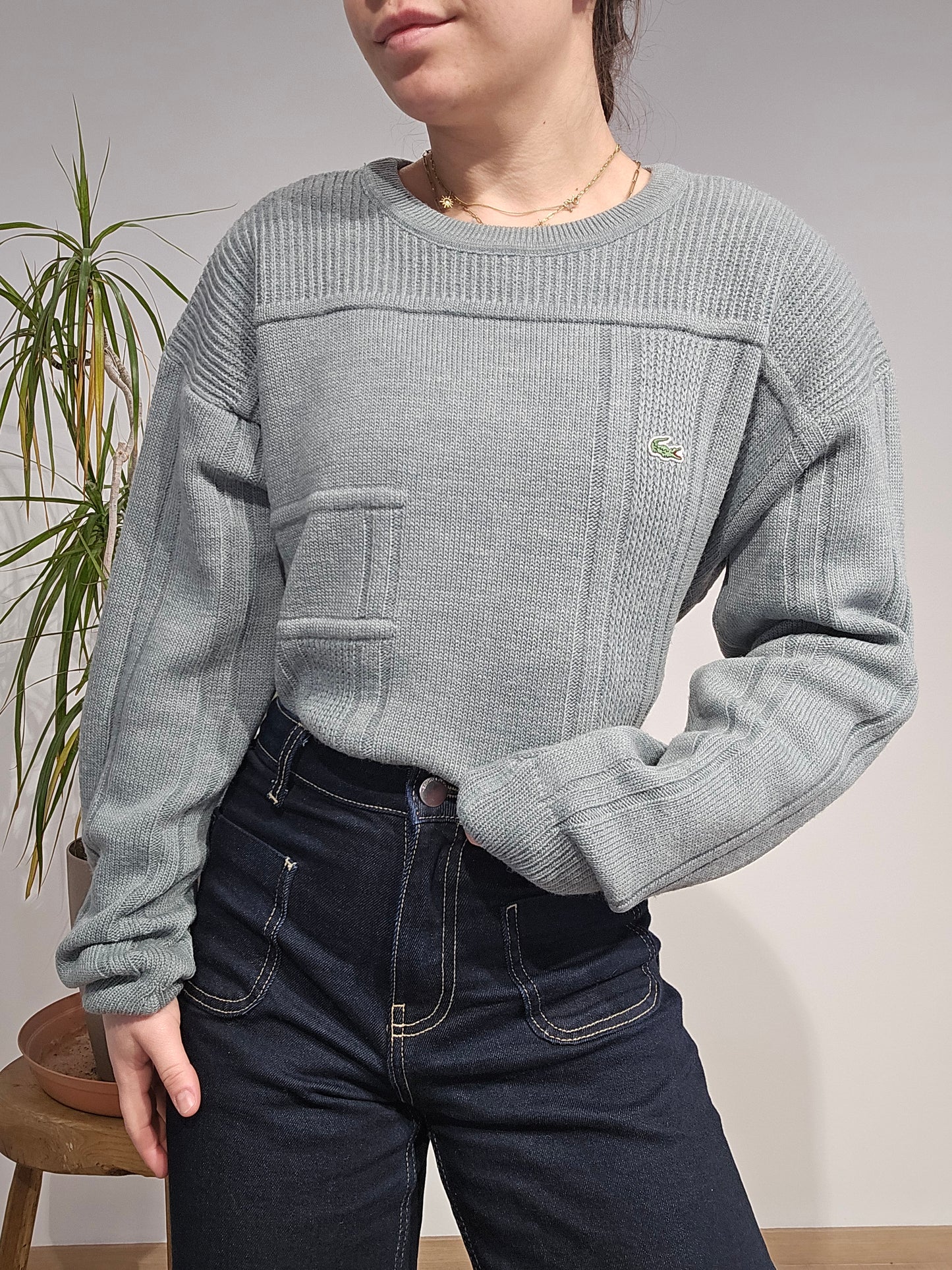 Pull col rond en maille gris vintage - M/L