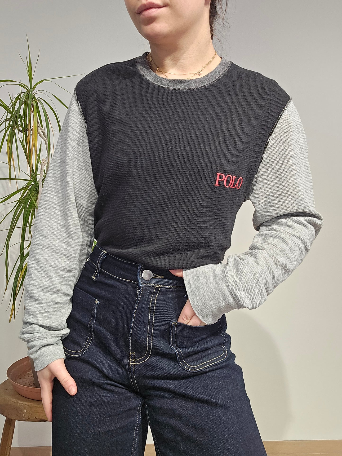 Pull léger en coton noir/gris - M