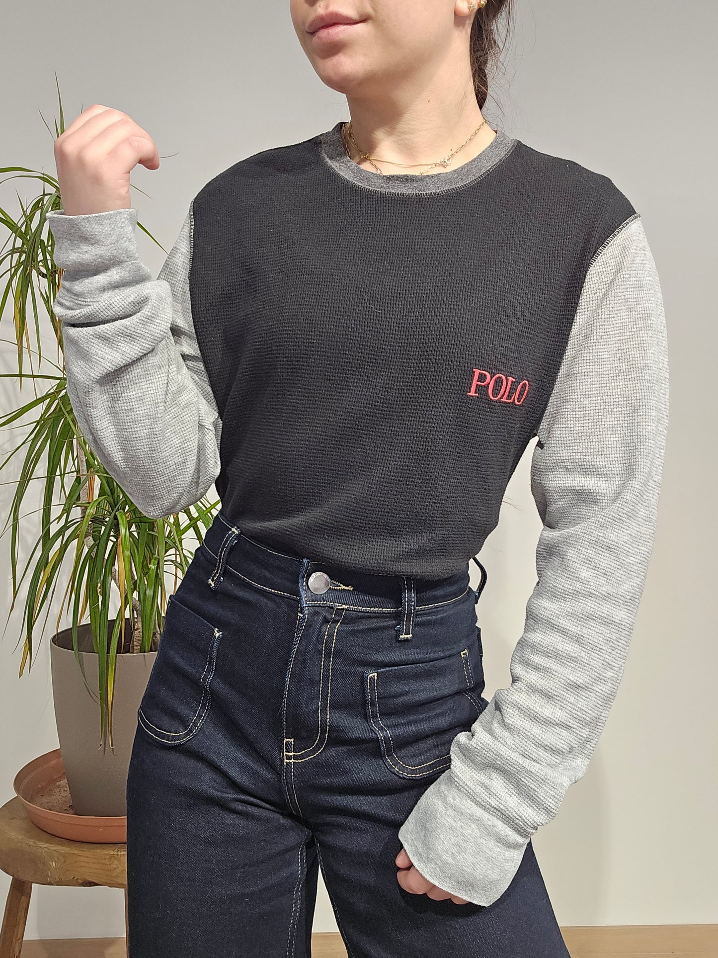 Pull léger en coton noir/gris - M